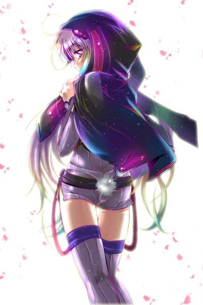 Anime picture 1000x1500 with vocaloid yuzuki yukari tanono long hair tall image blush simple background white background purple eyes purple hair ahoge tail animal tail looking back multicolored hair gradient hair bunny tail girl thighhighs gloves