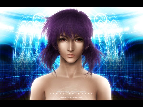 Anime picture 1024x768 with ghost in the shell production i.g kusanagi motoko lyzeravern single short hair red eyes bare shoulders purple hair lips realistic inscription portrait letterboxed girl