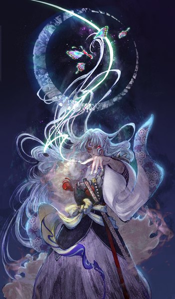 Anime picture 1062x1811 with inuyasha sesshomaru micho (golduhr) single tall image looking at viewer fringe standing holding white hair very long hair traditional clothes japanese clothes arm up wide sleeves orange eyes magic facial mark floral print glowing