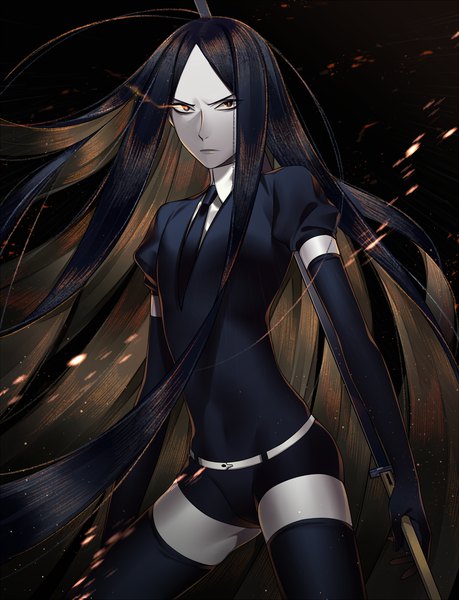 Anime picture 1500x1961 with houseki no kuni bort cao hong anh single tall image looking at viewer black hair yellow eyes very long hair puffy sleeves glowing black background glowing eye (eyes) androgynous thighhighs gloves weapon black thighhighs sword necktie