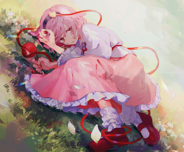 Anime picture 1600x1320 with touhou komeiji satori isshin (kaxz) single looking at viewer fringe short hair pink hair cloud (clouds) full body outdoors lying parted lips tears adjusting hair on side girl ribbon (ribbons) weapon plant (plants)