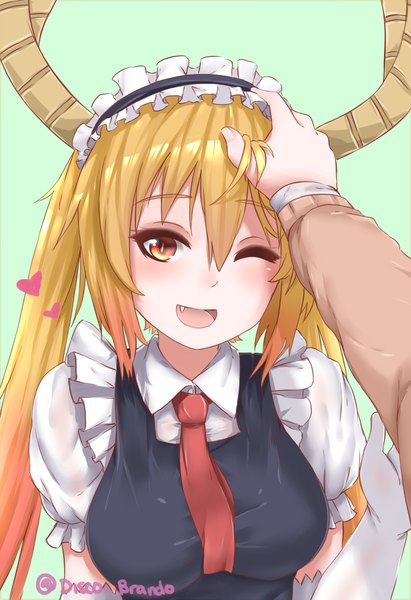 Anime picture 790x1152 with kobayashi-san chi no maidragon kyoto animation tooru (maidragon) kobayashi (maidragon) disco brando long hair tall image fringe open mouth blonde hair simple background hair between eyes twintails multiple girls signed one eye closed multicolored hair wink maid fang (fangs)