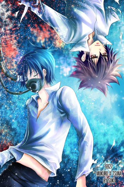 Anime picture 1200x1800 with katekyou hitman reborn sawada tsunayoshi rokudo mukuro sukiblog tall image short hair black hair brown eyes blue hair eyes closed sleeping boy shirt pants