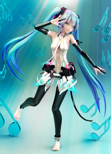 Anime picture 1750x2429 with vocaloid vocaloid append hatsune miku hatsune miku (append) tetsuok9999 tall image highres twintails very long hair nail polish barefoot aqua eyes light smile aqua hair blue background girl thighhighs skirt gloves black thighhighs