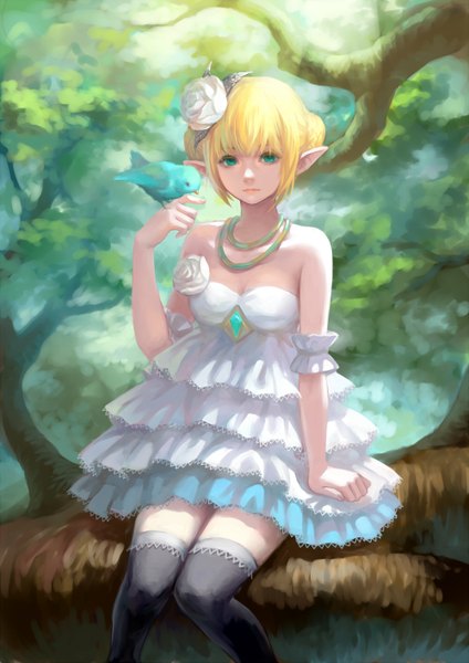 Anime picture 1000x1414 with dragon nest archer (dragon nest) ask (askzy) single tall image short hair blonde hair sitting bare shoulders hair flower aqua eyes pointy ears girl thighhighs dress hair ornament black thighhighs plant (plants) animal tree (trees)