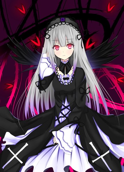 Anime picture 2600x3600 with rozen maiden suigintou hiiragi natume single long hair tall image looking at viewer highres red eyes silver hair goth-loli girl dress bow wings frills