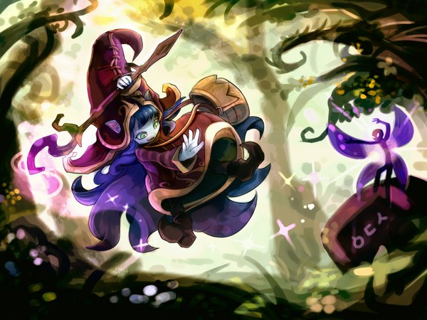 Anime picture 1000x750 with league of legends lulu (league of legends) long hair green eyes purple hair pointy ears dark skin insect wings butterfly wings fairy girl dress hat tree (trees) bag staff forest