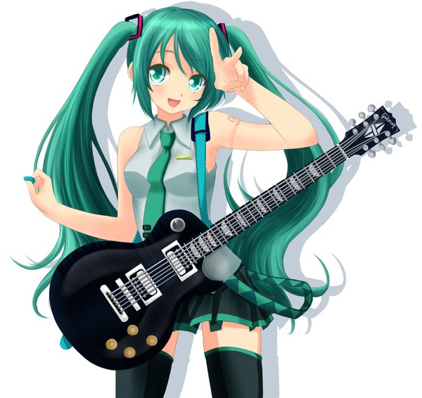 Anime picture 1800x1700 with vocaloid hatsune miku terun (artist) single long hair highres open mouth simple background white background twintails green eyes green hair girl thighhighs skirt miniskirt necktie guitar