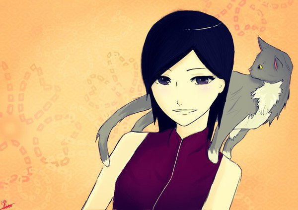 Anime picture 1000x706 with naruto studio pierrot naruto (series) uchiha sarada tagme (artist) single long hair blush open mouth black hair smile purple eyes signed upper body light smile yellow background animal on shoulder girl animal cat