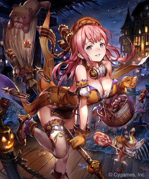Anime picture 833x1000 with shingeki no bahamut 77gl long hair tall image looking at viewer blush fringe breasts light erotic smile large breasts standing purple eyes bare shoulders pink hair night teeth leaning leaning forward puffy sleeves