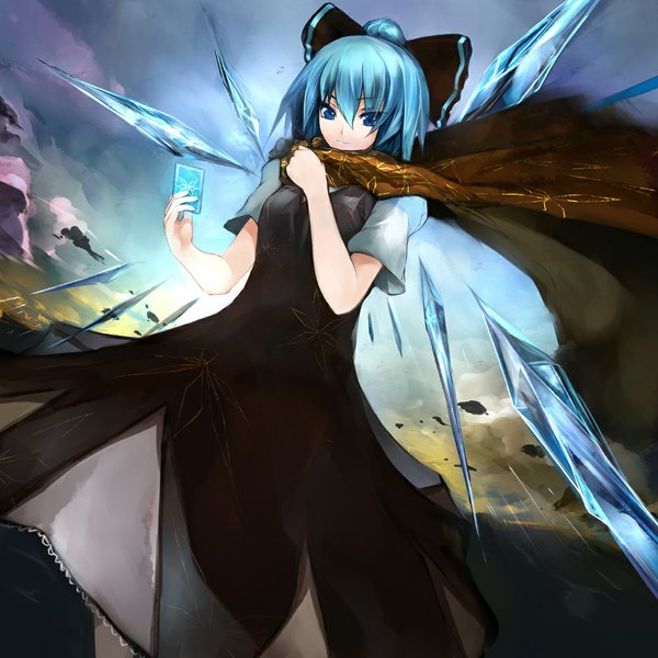 Anime picture 1000x1000 with touhou cirno pupps single short hair blue eyes blue hair cloud (clouds) girl dress bow hair bow wings scarf card (cards) ice
