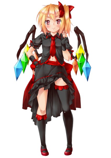 Anime picture 2893x4092 with touhou flandre scarlet mamedenkyuu (berun) single tall image blush highres short hair simple background blonde hair red eyes white background hand on hip one side up girl thighhighs skirt gloves bow black thighhighs