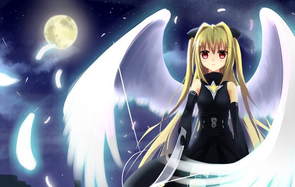 Anime picture 3333x2115 with toloveru toloveru darkness xebec konjiki no yami makadamia single long hair highres blonde hair red eyes absurdres girl dress weapon detached sleeves wings moon feather (feathers)