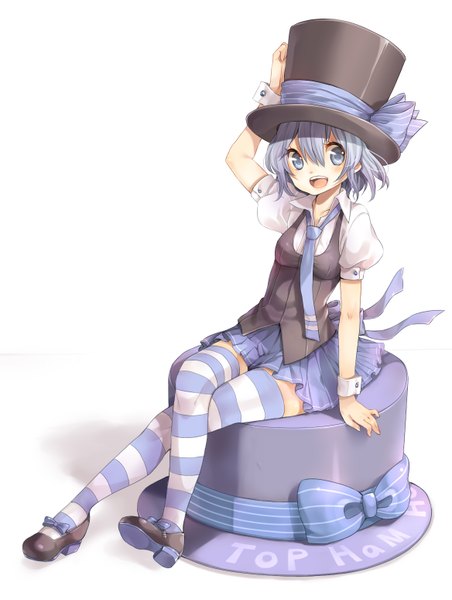 Anime picture 1168x1548 with original rainybluebell blue (rbb) rojiko single tall image looking at viewer short hair open mouth blue eyes simple background smile white background sitting blue hair grey hair inscription girl thighhighs skirt