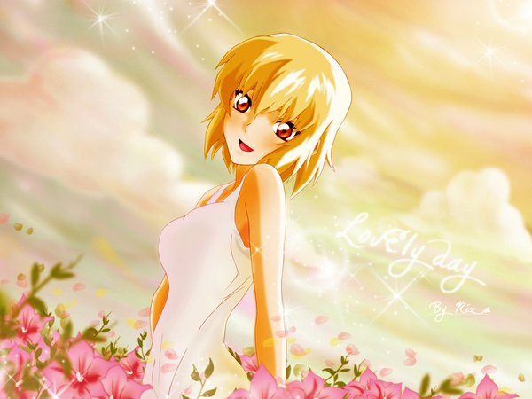 Anime picture 1024x768 with mobile suit gundam gundam seed destiny gundam seed sunrise (studio) cagalli yula athha flower (flowers)