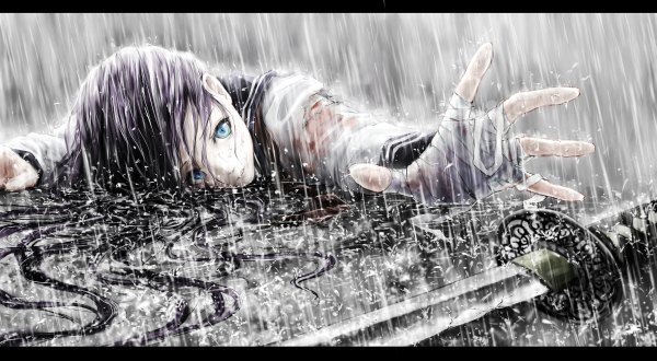 Anime picture 1200x660 with original nuwanko single long hair looking at viewer blue eyes black hair wide image lying wet letterboxed rain wet clothes girl uniform weapon sword water serafuku katana