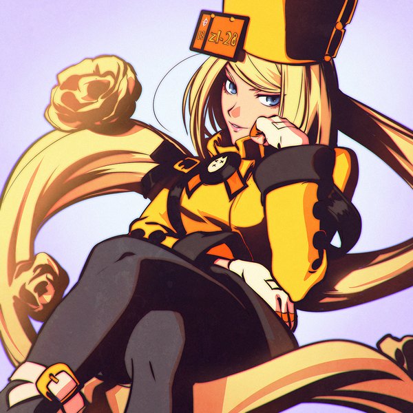 Anime picture 900x900 with guilty gear guilty gear xrd millia rage ilya kuvshinov single blue eyes simple background blonde hair sitting looking away very long hair grey background arm support crossed legs chin rest fur hat girl gloves hat pantyhose