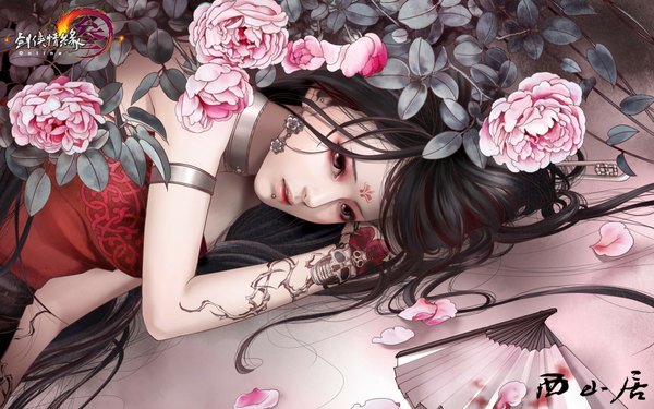 Anime picture 1920x1200 with zhang xiao bai single long hair highres black hair red eyes wide image realistic tattoo piercing girl flower (flowers) earrings petals fan