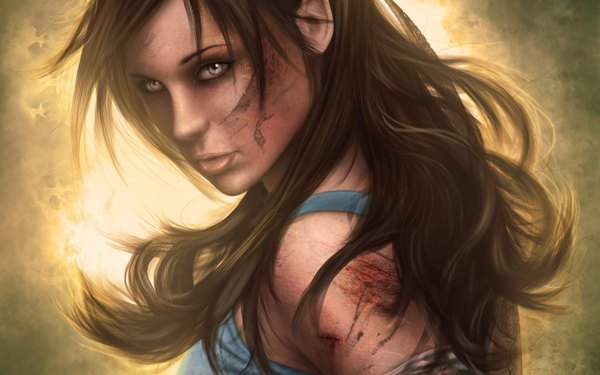 Anime picture 2560x1600 with tomb raider lara croft single long hair looking at viewer blush highres open mouth black hair looking back light smile realistic grey eyes turning head portrait injury girl shirt blood bandage (bandages)