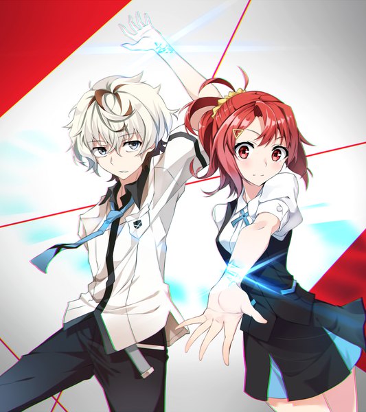 Anime picture 1060x1193 with kiznaiver studio trigger agata katsuhira takashiro chidori tsuedzu tall image blush fringe short hair hair between eyes red eyes white hair red hair arm up embarrassed outstretched arm silver eyes girl boy uniform