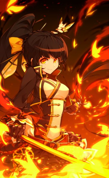 Anime picture 1600x2603 with elsword ara haan little devil (elsword) hwansang single long hair tall image looking at viewer black hair smile red eyes holding yellow eyes ponytail braid (braids) pleated skirt magic girl skirt gloves