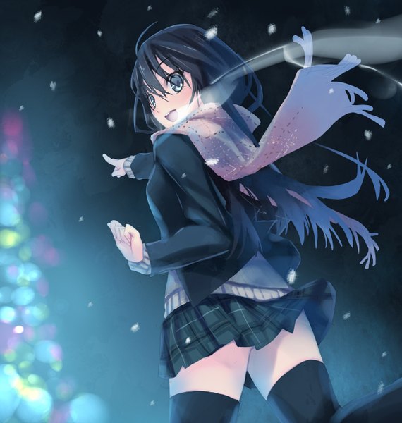 Anime picture 1331x1400 with original murakami suigun single long hair tall image open mouth black hair looking back wind zettai ryouiki snowing winter exhalation girl thighhighs skirt uniform black thighhighs school uniform scarf