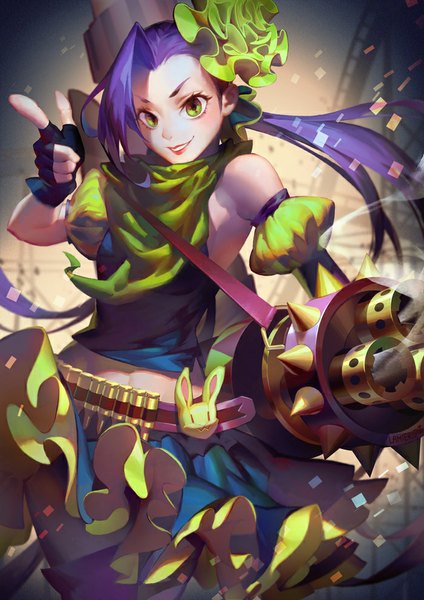 Anime picture 700x990 with league of legends jinx (league of legends) jofang single long hair tall image looking at viewer smile standing bare shoulders green eyes purple hair ponytail parted lips girl thighhighs skirt gloves hair ornament detached sleeves
