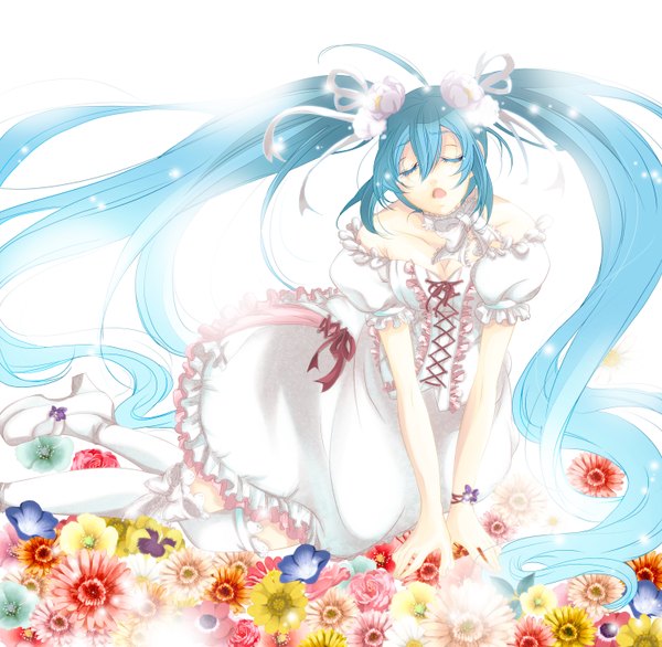 Anime picture 3000x2930 with vocaloid hatsune miku long hair highres open mouth simple background white background twintails blue hair absurdres eyes closed girl dress hair ornament flower (flowers)