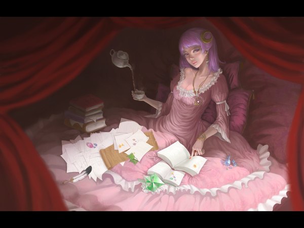 Anime picture 1890x1418 with touhou patchouli knowledge cmy single long hair looking at viewer blush highres sitting pink hair nail polish fingernails lips magic crescent broken girl dress hair ornament earrings