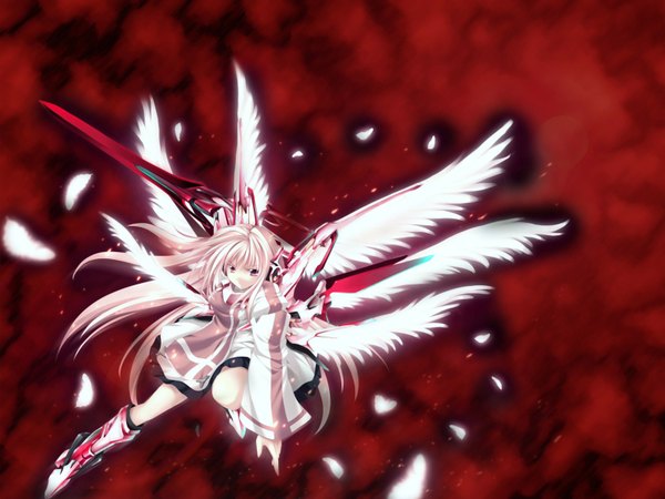 Anime picture 1600x1200 with original tateha (marvelous grace) single long hair looking at viewer fringe pink hair bent knee (knees) flying red background angel wings third-party edit arm behind back white wings serious mechanical wings multiple wings attack girl dress