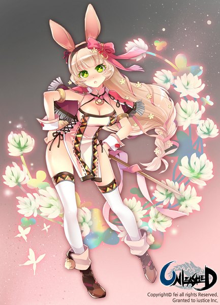 Anime picture 800x1108 with unleashed fei (pixiv) single long hair tall image looking at viewer blush open mouth light erotic blonde hair green eyes animal ears bunny ears girl thighhighs dress flower (flowers) bow hair bow white thighhighs