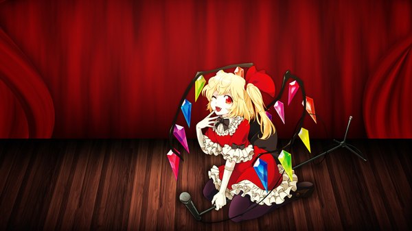 Anime picture 1920x1080 with touhou flandre scarlet single highres short hair blonde hair red eyes wide image girl dress wings microphone