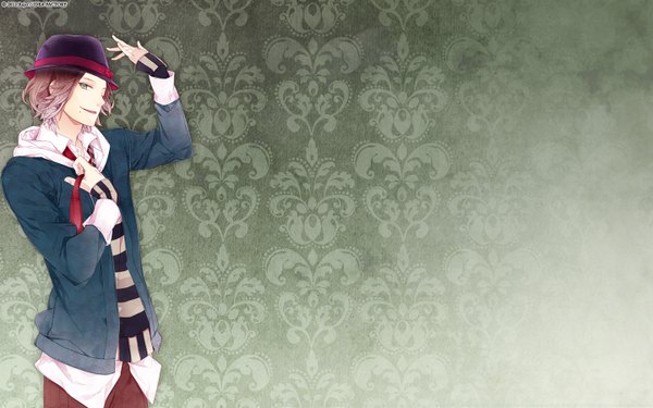 Anime picture 1440x900 with diabolik lovers idea factory sakamaki raito single looking at viewer short hair blue eyes smile brown hair wide image open clothes open jacket boy hat jacket