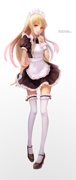 Anime picture 703x1654 with original wallace (artist) single long hair tall image fringe simple background blonde hair smile standing white background maid orange eyes high heels finger to mouth girl thighhighs white thighhighs headdress maid headdress