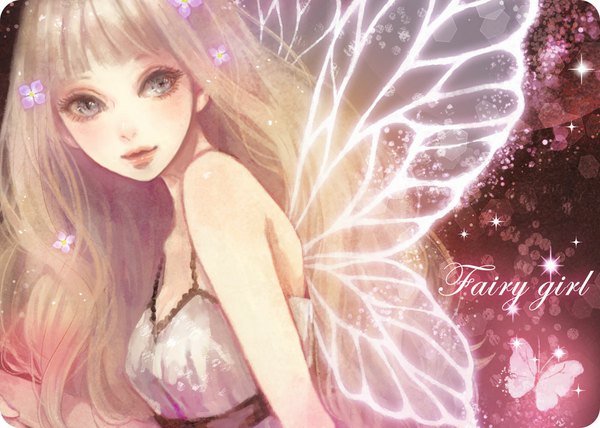 Anime picture 1000x714 with original miya (akatabi dante) single long hair blush open mouth blonde hair bare shoulders hair flower inscription grey eyes glowing insect wings butterfly wings fairy girl dress hair ornament flower (flowers) wings