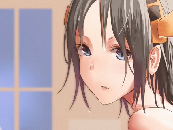 Anime picture 1434x1076 with kantai collection hiei battleship rane (etsu) single looking at viewer fringe short hair blue eyes brown hair close-up face animal eyes girl hair ornament