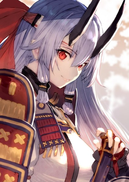 Anime picture 778x1100 with fate (series) fate/grand order tomoe gozen (fate) shirabi single long hair tall image looking at viewer fringe smile hair between eyes red eyes payot silver hair upper body traditional clothes japanese clothes horn (horns) slit pupils oni horns