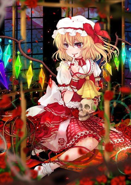 Anime picture 2988x4205 with touhou flandre scarlet doraka tall image highres short hair blonde hair red eyes finger to mouth girl dress bow petals wings frills chain bonnet skull crystal cage