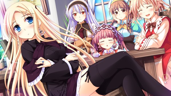 Anime picture 1920x1080 with shukufuku no campanella carina verritti minette chelsea arcot agnes boulange nina lindberg blush highres blue eyes blonde hair red eyes wide image multiple girls pink hair game cg purple hair girl thighhighs black thighhighs 5 girls