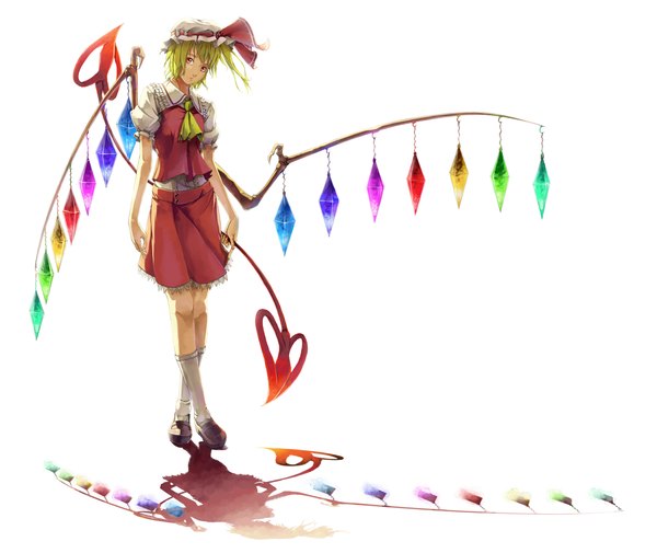 Anime picture 1100x926 with touhou flandre scarlet sousou (sousouworks) short hair simple background blonde hair red eyes white background full body shadow one side up crossed legs (standing) girl skirt weapon wings socks white socks bonnet skirt set