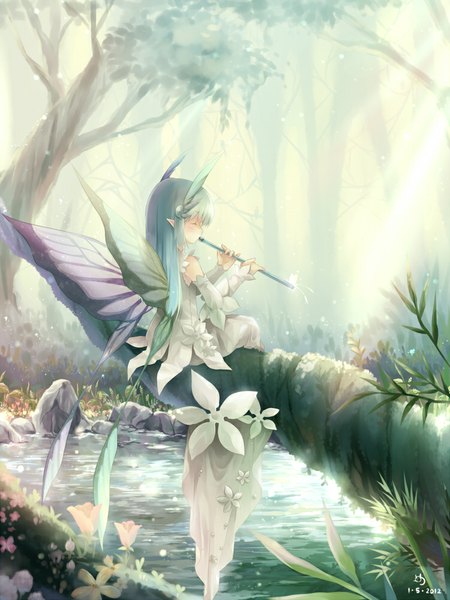 Anime picture 750x1000 with original ninjinshiru single tall image fringe sitting holding signed eyes closed pointy ears sunlight aqua hair inscription mouth hold glowing elf river insect wings butterfly wings girl
