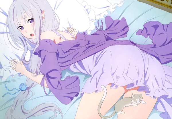 Anime picture 5894x4080 with re:zero kara hajimeru isekai seikatsu white fox nyantype emilia (re:zero) puck (re:zero) single long hair blush highres open mouth light erotic purple eyes absurdres white hair lying pointy ears official art girl dress animal