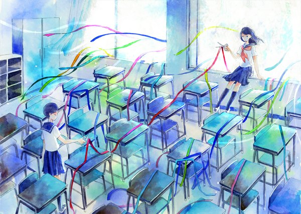 Anime picture 1024x730 with original miyabe sachi (artist) long hair short hair multiple girls blue hair wind classroom girl skirt uniform ribbon (ribbons) 2 girls school uniform serafuku window scissors
