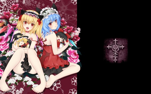 Anime picture 1680x1050 with touhou flandre scarlet remilia scarlet light erotic blonde hair wide image blue hair pantyshot sitting girl