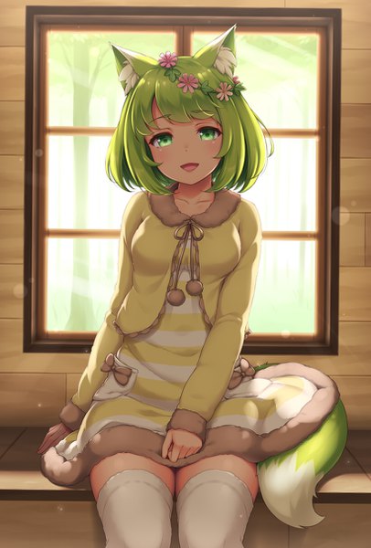 Anime picture 820x1210 with original sasaame single tall image looking at viewer blush fringe short hair open mouth smile sitting green eyes animal ears indoors tail long sleeves animal tail green hair zettai ryouiki fox ears