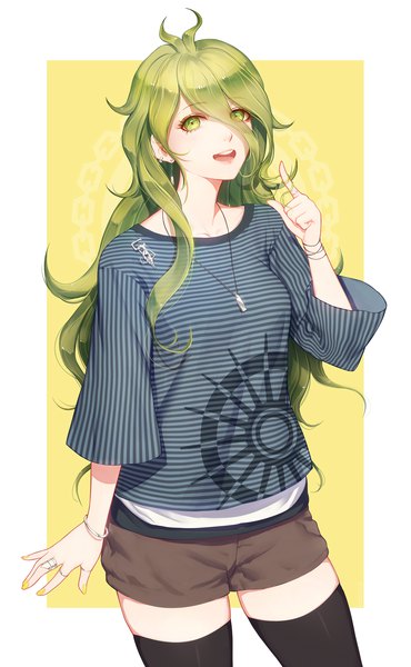 Anime picture 1186x1920 with dangan ronpa new danganronpa v3 amami rantarou katorius single long hair tall image looking at viewer fringe open mouth hair between eyes green eyes ahoge nail polish :d green hair zettai ryouiki piercing ear piercing striped