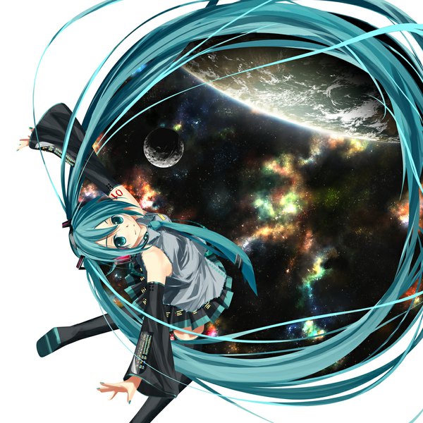 Anime picture 1000x1000 with vocaloid hatsune miku kouji (astral reverie) single twintails very long hair aqua eyes aqua hair space girl thighhighs skirt black thighhighs detached sleeves miniskirt necktie planet