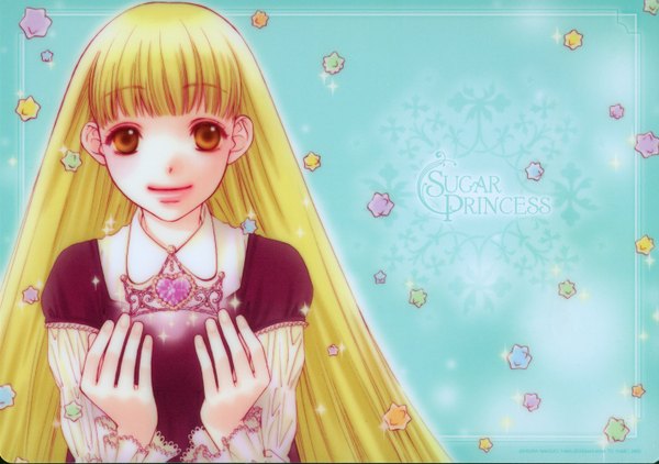Anime picture 2839x2000 with sugar princess nakajou hisaya single long hair highres blonde hair smile brown eyes inscription wallpaper blue background girl tiara