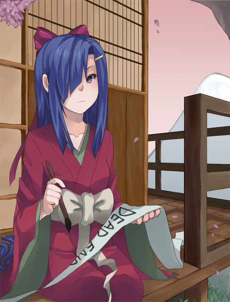 Anime picture 780x1024 with mirai nikki kasugano tsubaki dadha single tall image looking at viewer blush fringe sitting purple eyes blue hair very long hair traditional clothes japanese clothes hair over one eye pink background mountain calligraphy girl hair ornament