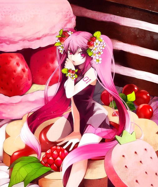 Anime picture 1100x1300 with vocaloid hatsune miku sakura miku hakusai (tiahszld) single tall image red eyes twintails pink hair very long hair girl food fruit berry (berries) strawberry